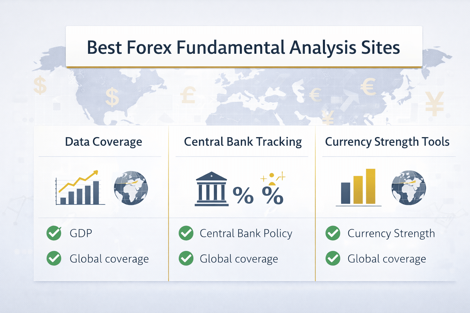 Comparison infographic showing best forex fundamental analysis sites by data coverage, central bank tracking and currency strength tools
