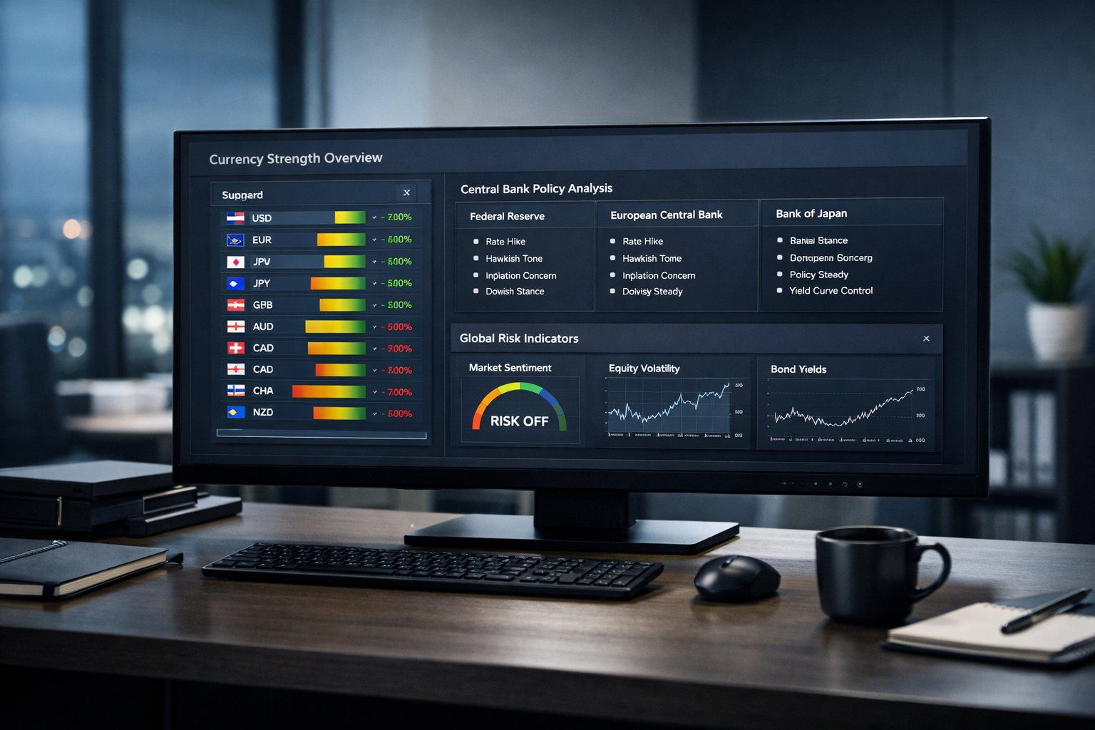 Bloomberg Terminal alternative for forex traders showing currency strength analysis, central bank policy divergence and global risk indicators