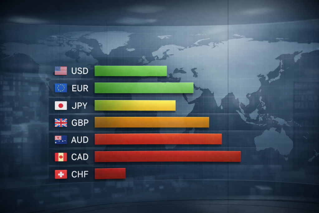 Currency strength analysis platform showing relative currency strength models ranked across major currencies using macro-driven comparison