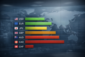 Currency strength analysis platform showing relative currency strength models ranked across major currencies using macro-driven comparison