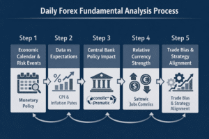 Diagram showing how central banks, inflation, employment, GDP growth, and trade balances feed into currency valuation in forex fundamental analysis.