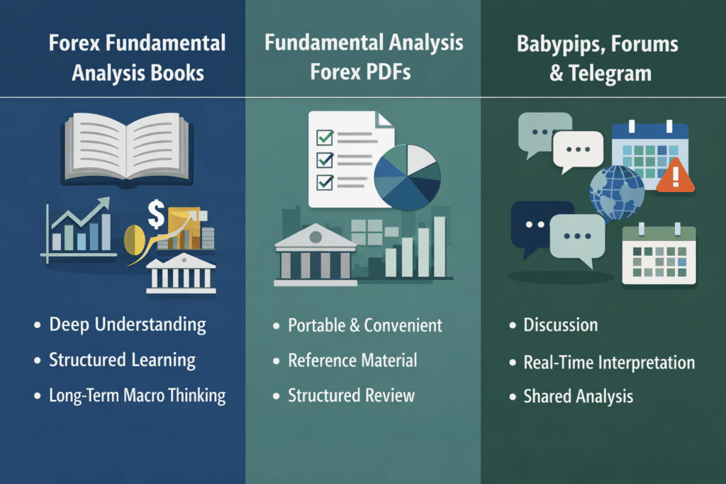 Comparison of forex fundamental analysis books, PDFs, and community resources showing how traders learn fundamentals through structured books, downloadable guides, and discussion platforms