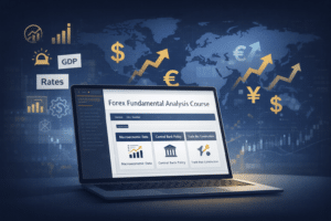 Featured image showing an online forex fundamental analysis course dashboard with global currency markets