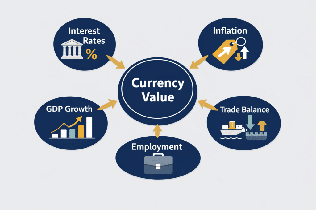 Diagram showing core economic drivers of forex trading fundamental analysis including interest rates, inflation, GDP growth, employment, and trade balance influencing currency value.