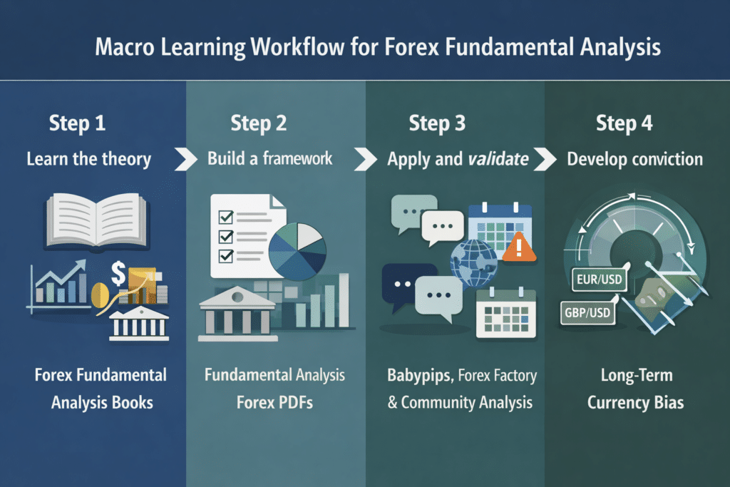 Step-by-step forex fundamental analysis workflow showing how traders move from books to PDFs, community analysis, and long-term currency conviction