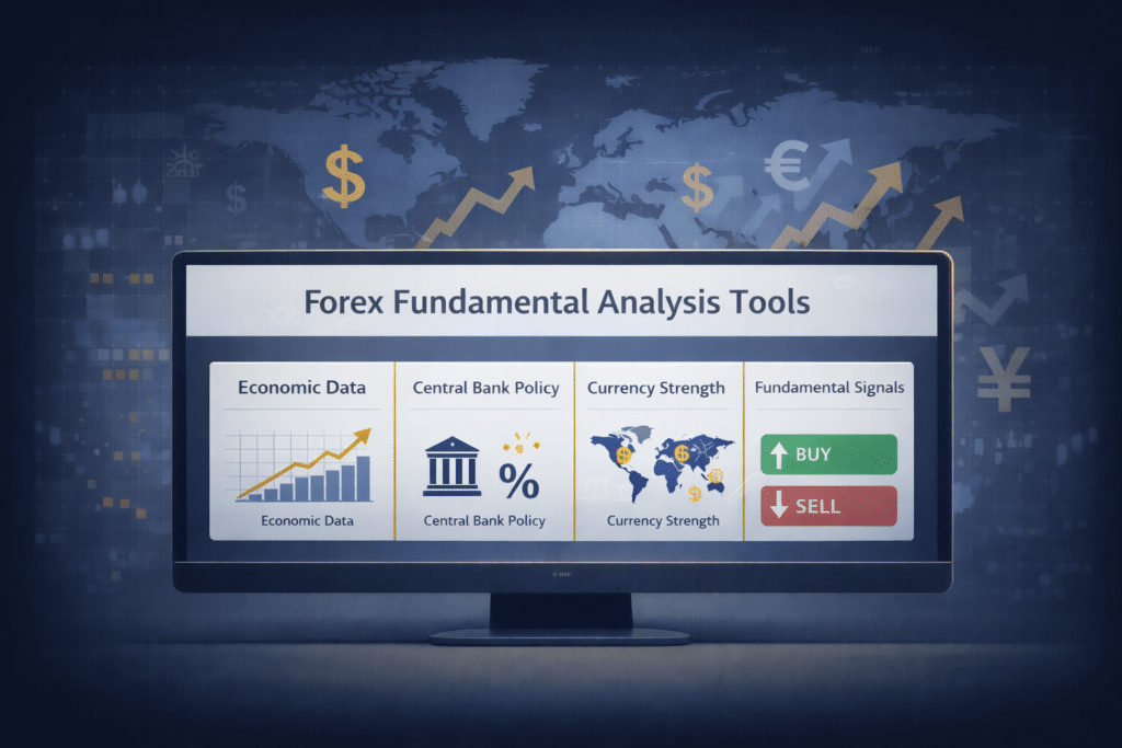 Dashboard illustration of forex fundamental analysis tools showing economic data, central bank policy, currency strength and fundamental signals