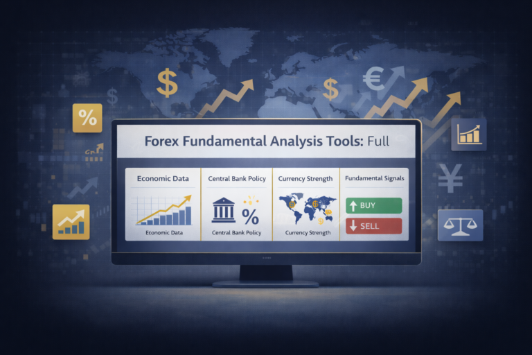 Featured image showing a forex fundamental analysis tools dashboard with global macroeconomic data and currency signals