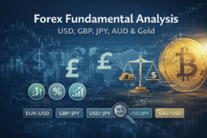 Forex fundamental analysis showing how macroeconomic drivers influence USD, GBP, JPY, AUD, NZD currencies and gold (XAU/USD)
