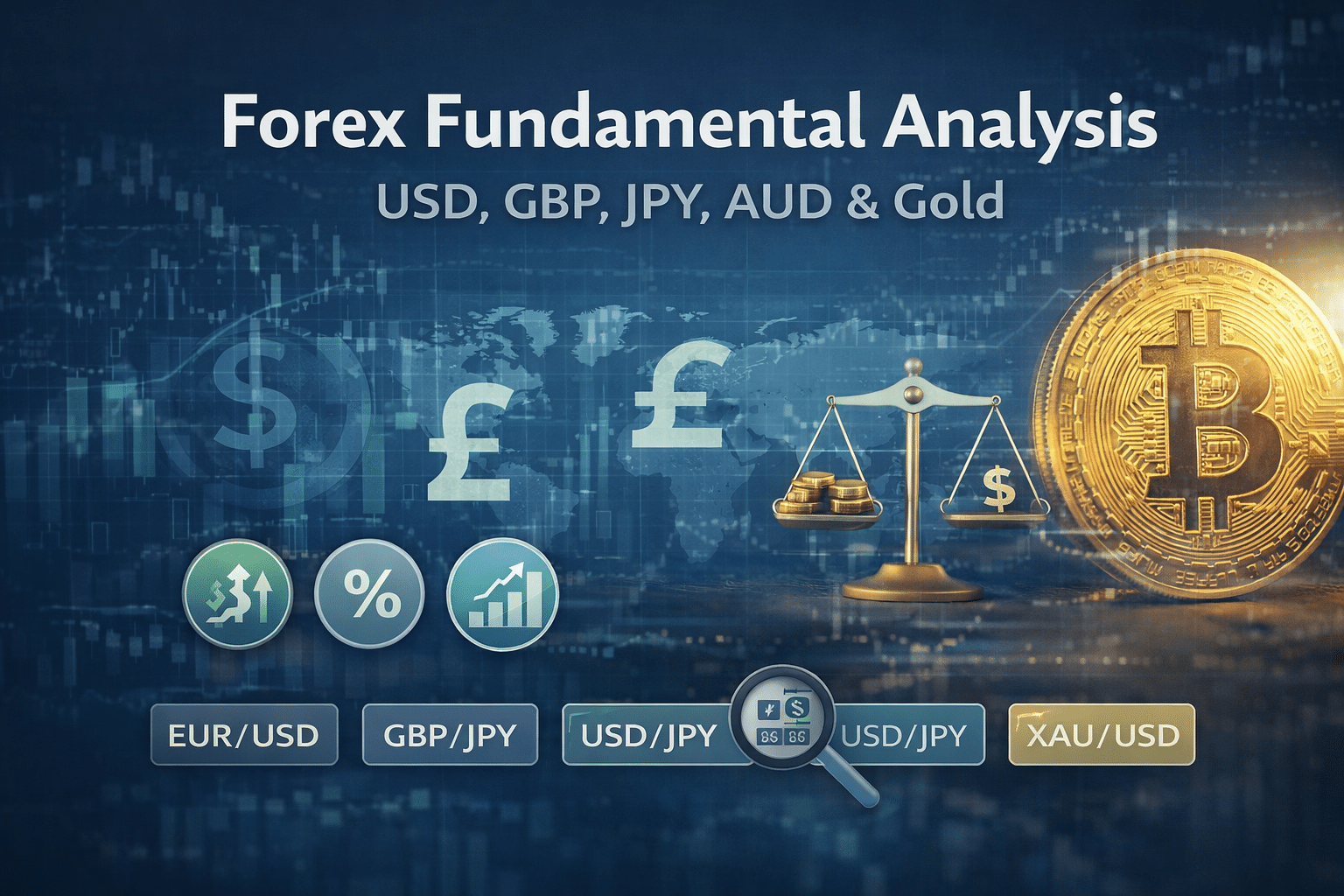 Forex fundamental analysis showing how macroeconomic drivers influence USD, GBP, JPY, AUD, NZD currencies and gold (XAU/USD)