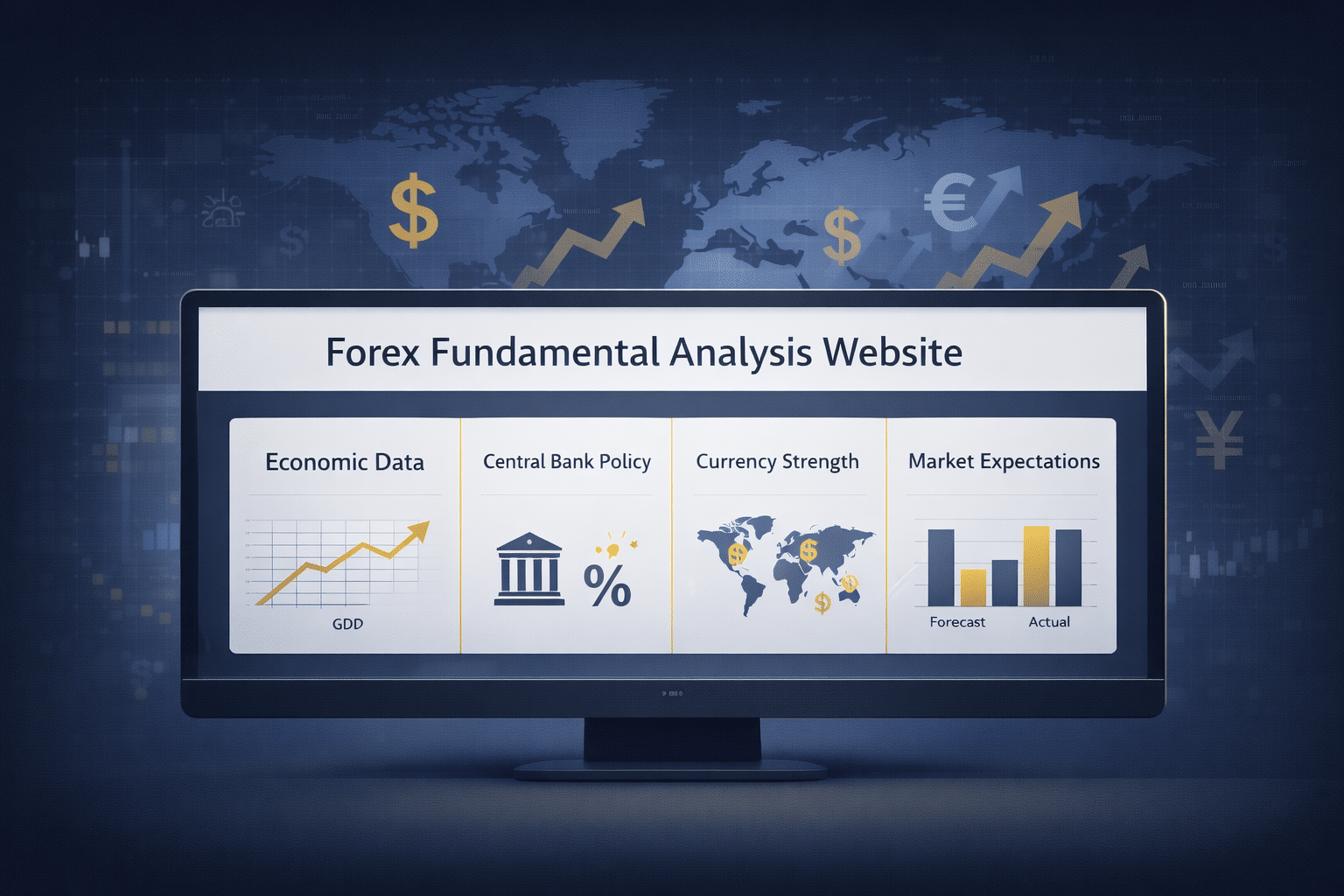 Dashboard illustration of a forex fundamental analysis website showing economic data, central bank policy and currency strength