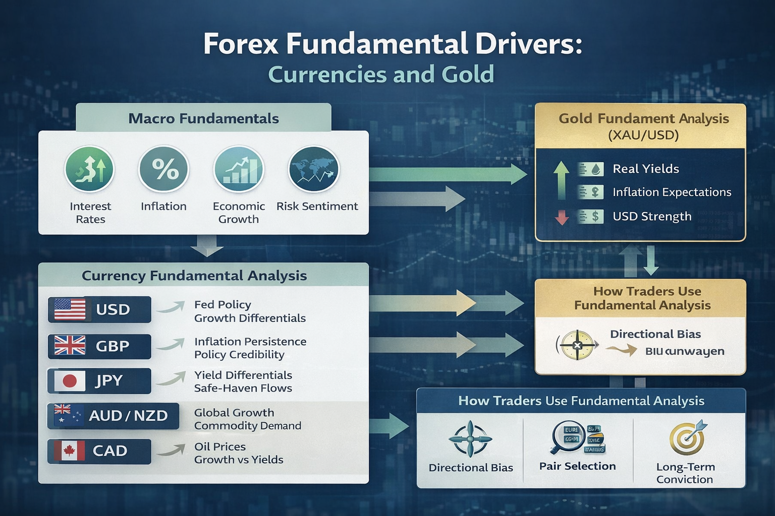 Diagram showing how macro fundamentals such as interest rates, inflation, growth, and risk sentiment drive USD, GBP, JPY, AUD, NZD currencies and gold (XAU/USD)