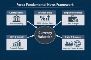 Diagram showing how central banks, inflation, employment, GDP growth, and trade balances feed into currency valuation in forex fundamental analysis.