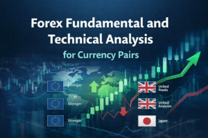 Forex fundamental and technical analysis showing how macroeconomic drivers and price structure combine to analyse currency pairs such as EUR/USD, EUR/GBP, and EUR/JPY