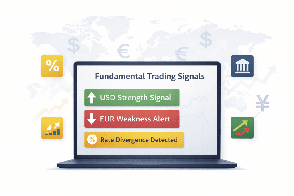Infographic showing forex fundamental trading signals including USD strength, EUR weakness and rate divergence alerts