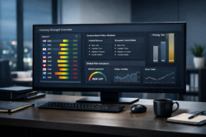 Forex macro analysis pricing dashboard showing currency strength models, central bank policy indicators and global risk regime analysis
