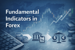Main visual illustrating fundamental indicators in forex, including GDP, inflation, interest rates, central bank policy, currency valuation, and long-term market trends.
