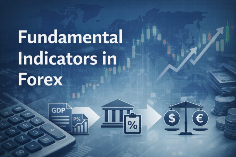 Main visual illustrating fundamental indicators in forex, including GDP, inflation, interest rates, central bank policy, currency valuation, and long-term market trends.