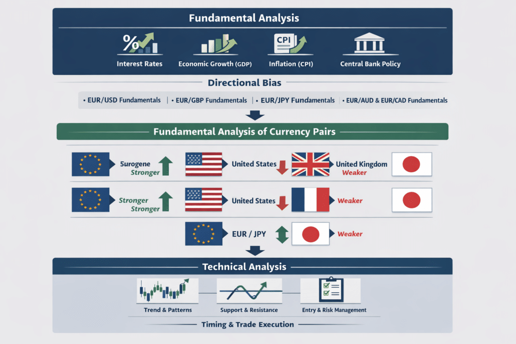 Diagram showing how fundamental analysis and technical analysis combine to create directional bias and trade execution for currency pairs such as EUR/USD, EUR/GBP, and EUR/JPY