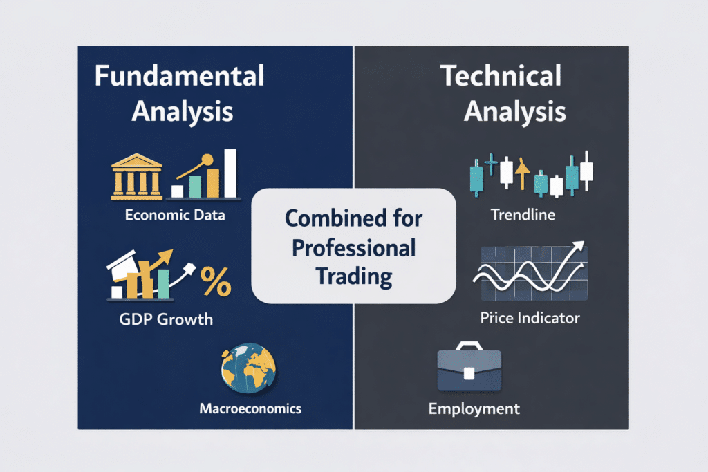 Comparison diagram of fundamental analysis vs technical analysis in forex trading, showing macroeconomic drivers on one side and chart-based indicators on the other.