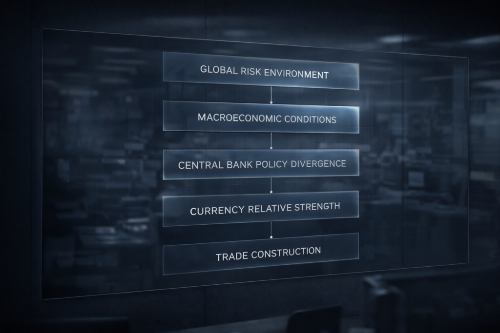 Institutional forex trading workflow showing a top-down macro decision process from global risk assessment to currency relative strength and trade construction