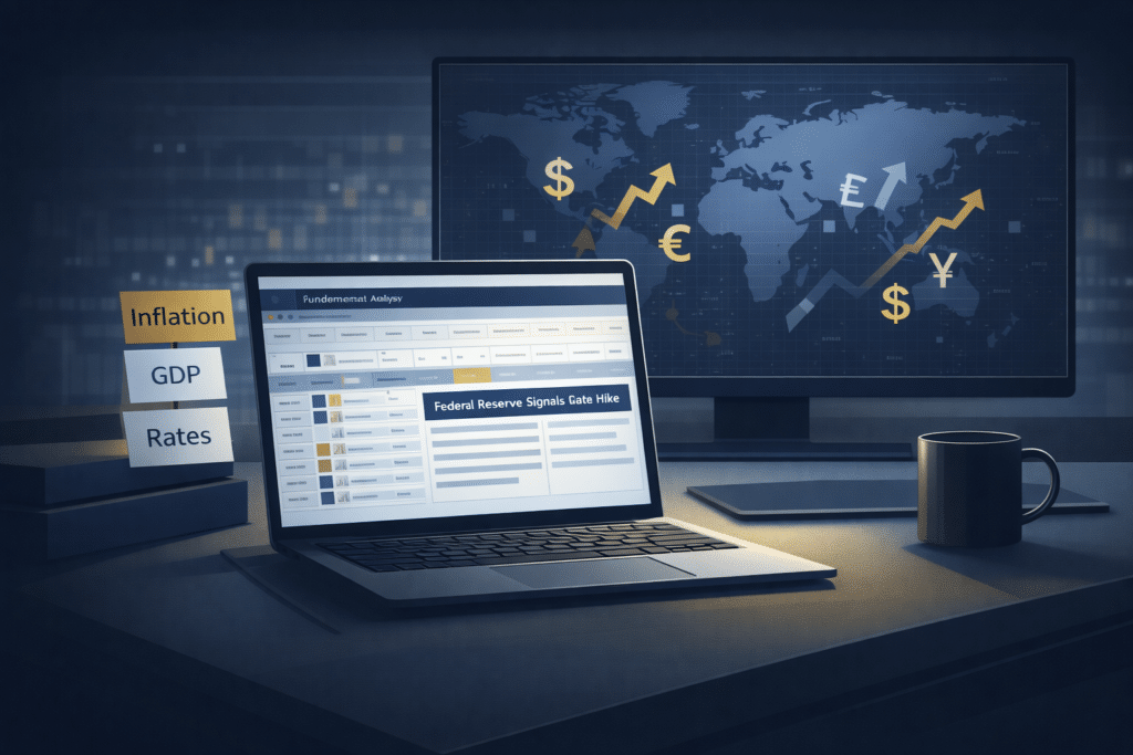 Workspace illustration showing learning forex fundamental analysis with economic calendar and currency market screens