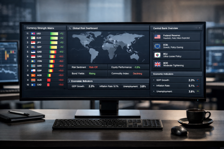 Professional forex analysis platform showing currency strength models, global risk dashboard, and central bank policy analysis