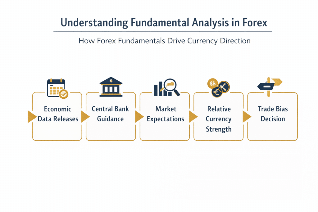 Flowchart showing how fundamental analysis in forex moves from economic data to trade bias decisions