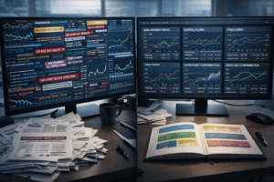 Institutional trading desk split between chaotic headline-driven analysis and structured macro dashboard showing real yields, capital flows, and cross-asset validation.