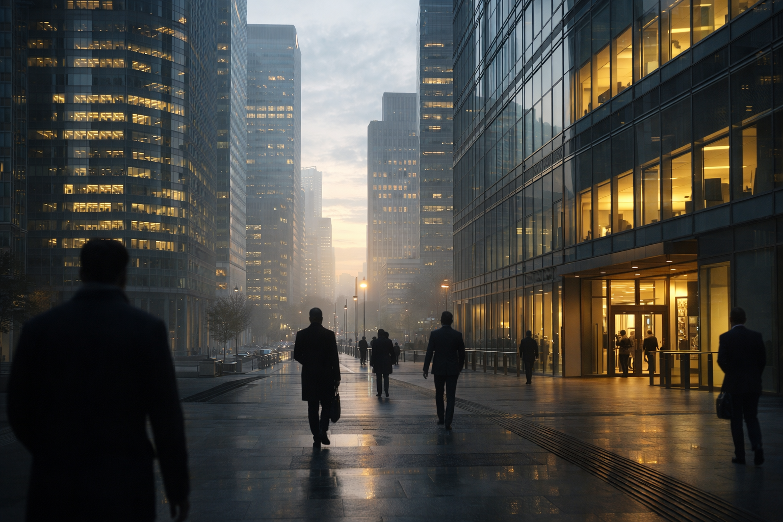 Early morning business district with offices gradually lighting up, symbolising changing confidence, expectations, and forward-looking sentiment that influence currency movements in the forex market.