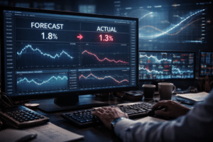 Forex trading desk showing forecast versus actual economic data release with bond yield repricing and currency market reaction.