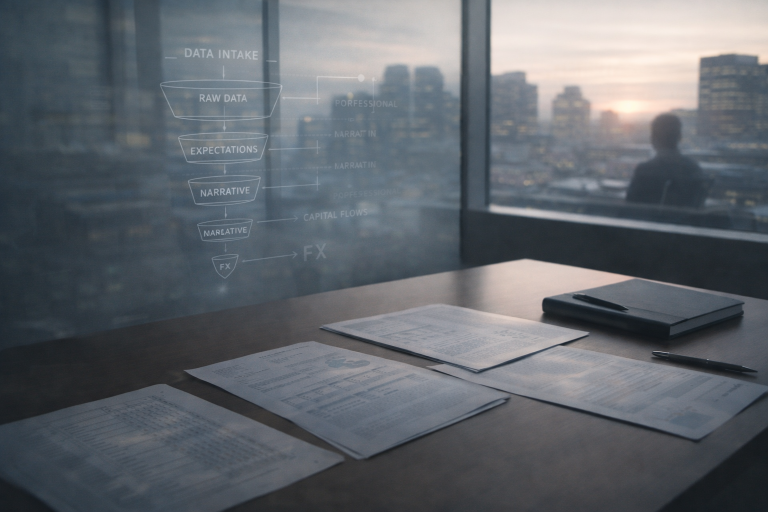 Institutional research office illustrating a professional workflow for analysing forex fundamental data and expectations.