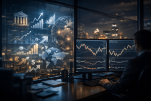 Institutional forex trading desk showing macroeconomic fundamentals alongside technical price charts, illustrating fundamental vs technical analysis in forex markets.