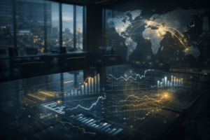 Institutional macro analysis room showing interest rates, inflation, GDP growth, unemployment and PMI data driving forex currency markets.
