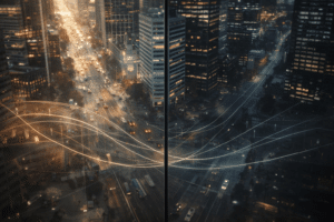 Split-view institutional cityscape illustrating risk-on and risk-off macro regimes driving global forex capital flows.