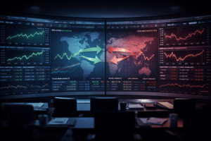 Institutional trading command center showing risk-on and risk-off market transition with equities, bond yields, credit spreads, and global capital flow shifts.