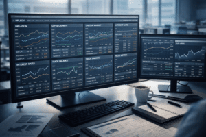 Institutional macro research desk displaying structured forex fundamental data including inflation, GDP, labour market, interest rates, trade balance, and fiscal metrics.