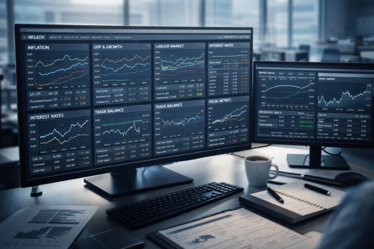 Institutional macro research desk displaying structured forex fundamental data including inflation, GDP, labour market, interest rates, trade balance, and fiscal metrics.