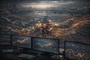 A realistic institutional macro-finance scene showing the construction of a forex macroeconomic model using growth, inflation, monetary policy, and capital flow inputs to rank currency strength.