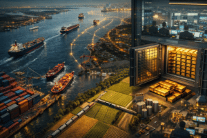 Global trade scene showing oil tankers, metal exports, gold reserves, and agricultural supply chains, illustrating how commodity prices influence forex markets and commodity currency strength.