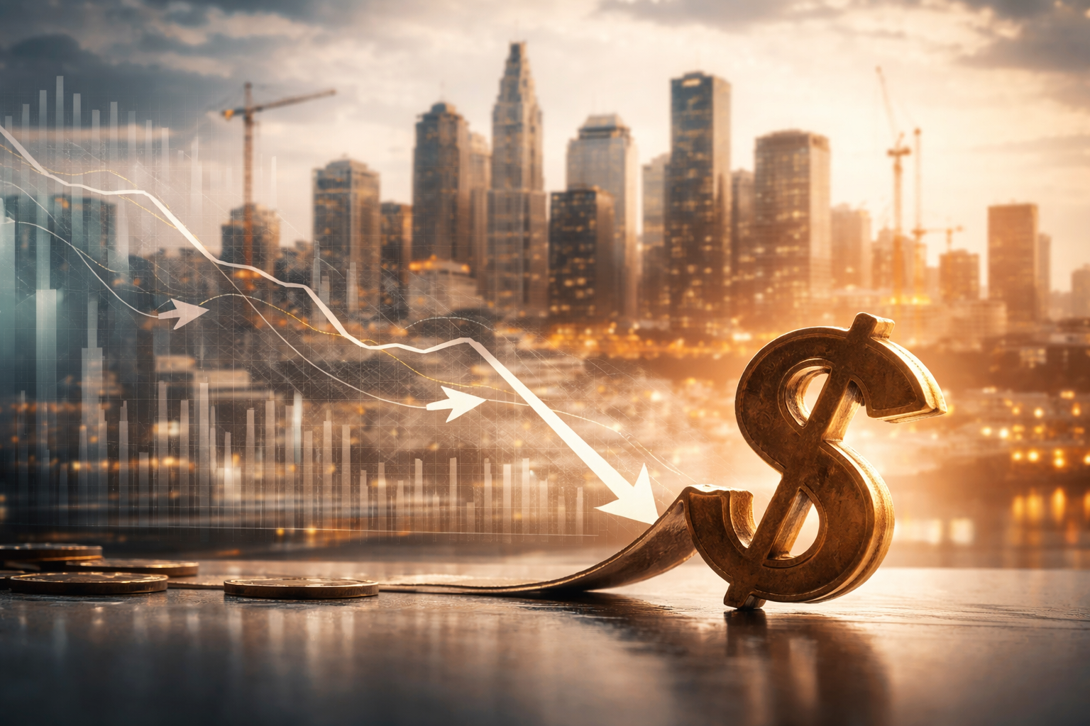 A strong modern city skyline representing economic growth contrasted with a weakening currency symbol, illustrating how economic strength does not always equal currency strength due to capital flows and monetary policy.