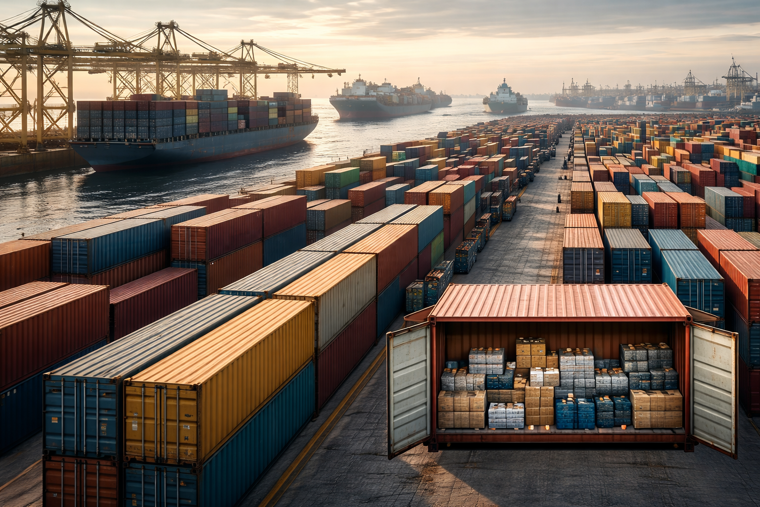 Global trade flows at an international seaport illustrating how exports, imports, and external balances influence currency values