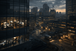 Modern financial district with active and dimmed banking buildings, illustrating how financial system stability, banking health, and liquidity conditions influence currency movements in the forex market.