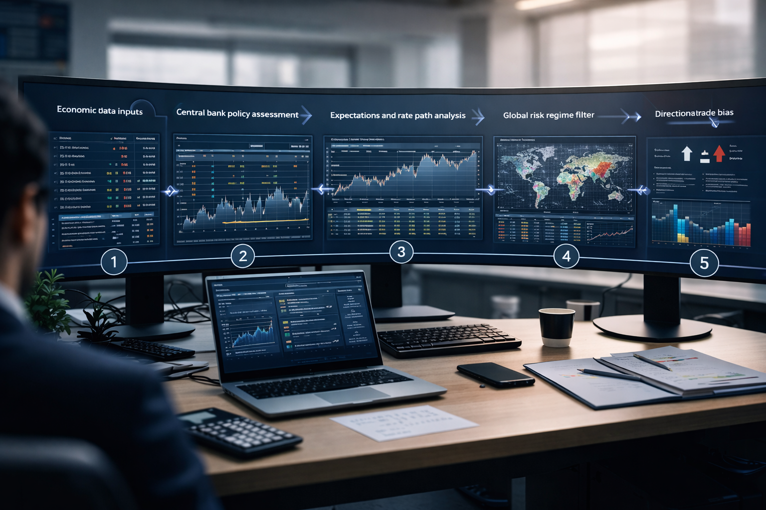 Step by step forex fundamental analysis workflow showing economic data, central bank policy, risk filtering, and currency strength leading to trade bias
