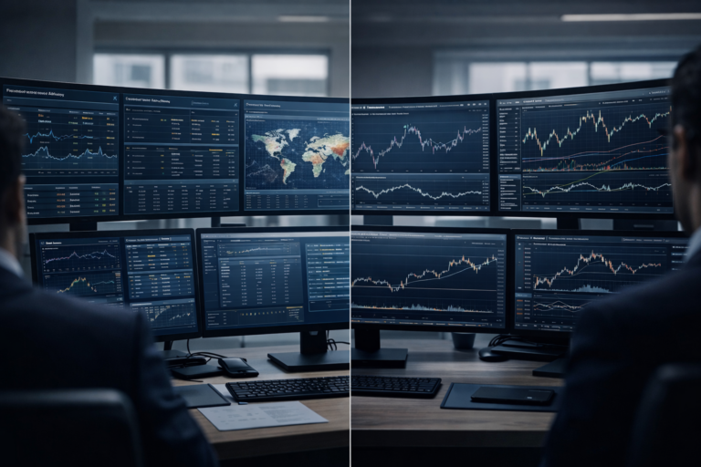 Comparison of fundamental vs technical analysis in forex showing macroeconomic data and central bank analysis alongside price charts and technical execution