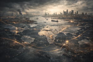 A realistic macro-finance scene showing geopolitical risk and macro shocks disrupting global forex markets, with stressed trade routes, capital flow distortions, and systemic uncertainty.