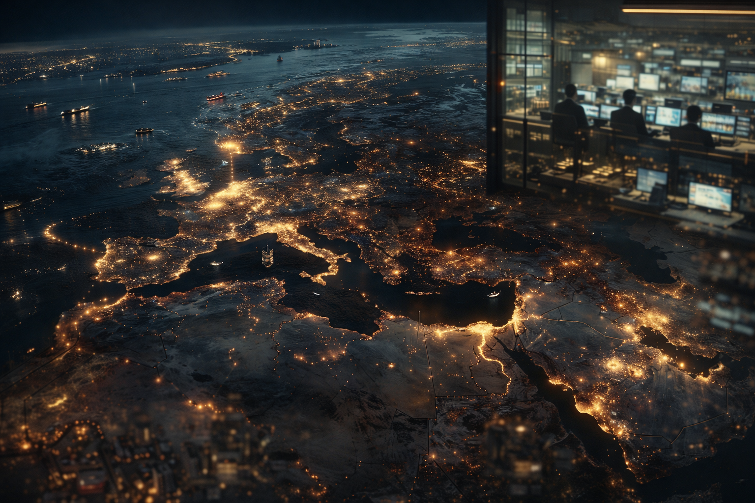 Satellite-style global night view showing disrupted trade routes and concentrated financial activity, illustrating how geopolitical risk and political instability affect currency markets and capital flows.