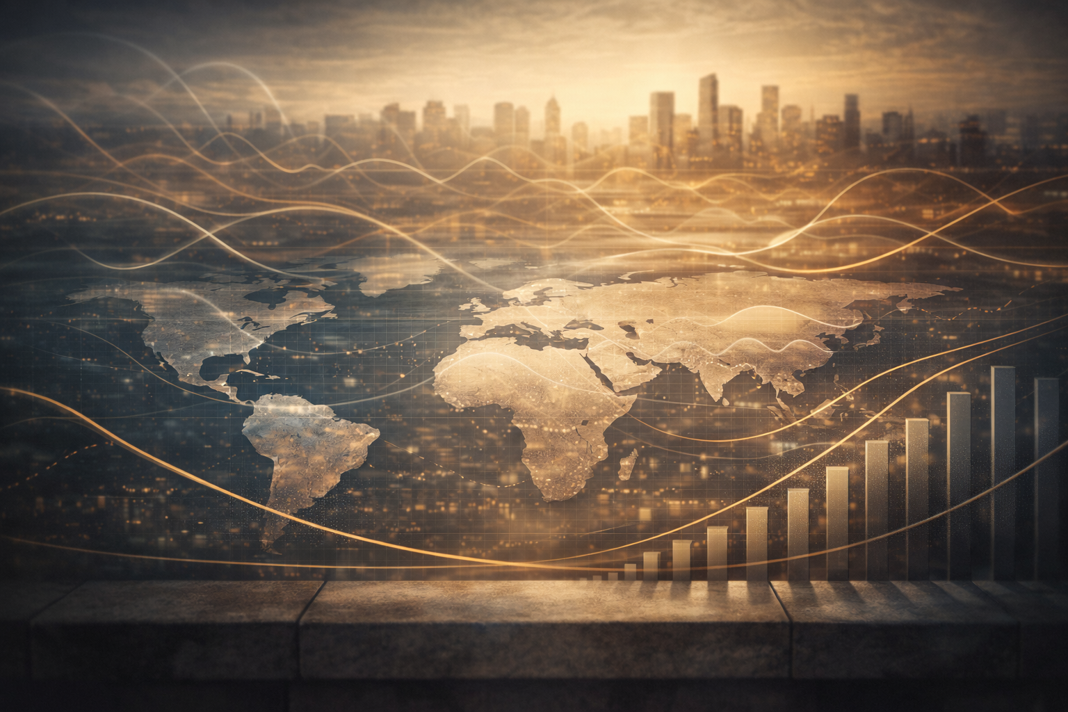A realistic macroeconomic scene showing global cycles shaping long-term currency trends, with capital flows, yield curves, and slow-moving economic waves influencing forex markets over time.