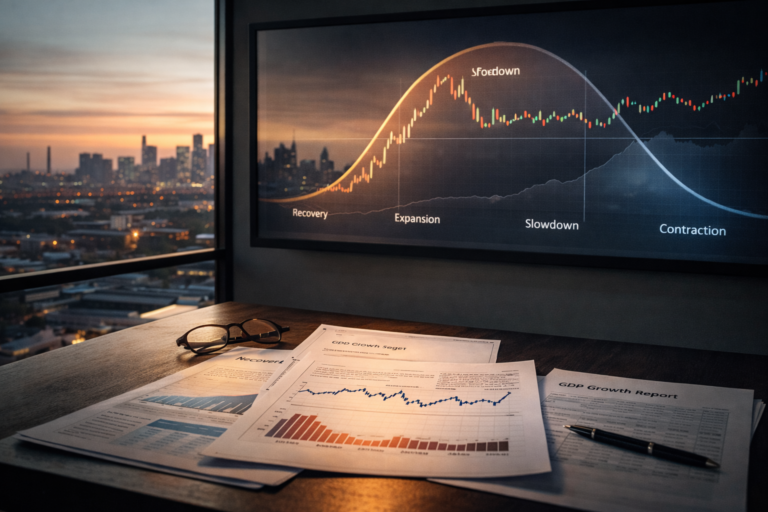Macroeconomic growth cycle analysis showing GDP reports, labour data and currency performance across economic phases