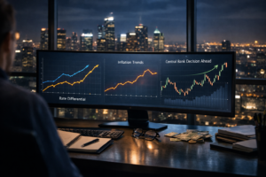 Institutional forex analysis showing inflation trends, interest rate differentials and currency valuation on professional trading screens