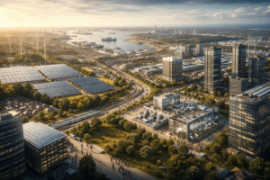 Aerial view of a modern diversified economy showing advanced infrastructure, renewable energy, technology hubs, and transport networks, illustrating long-term structural drivers of currency value.